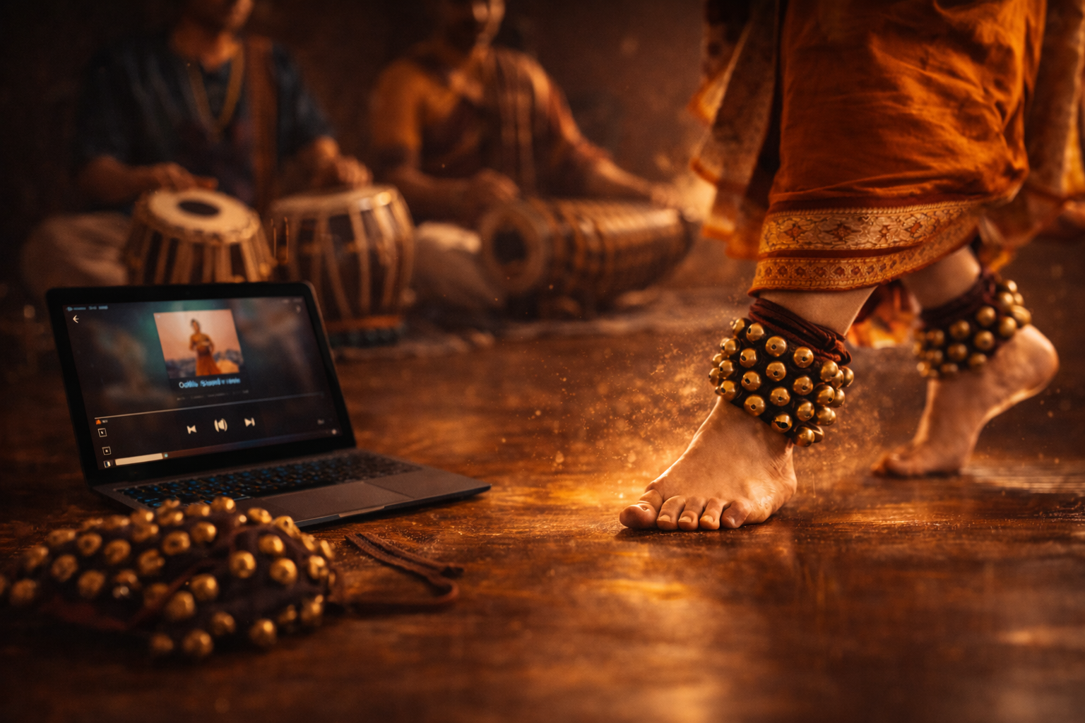 Practicing Odissi footwork with music after metronome drills